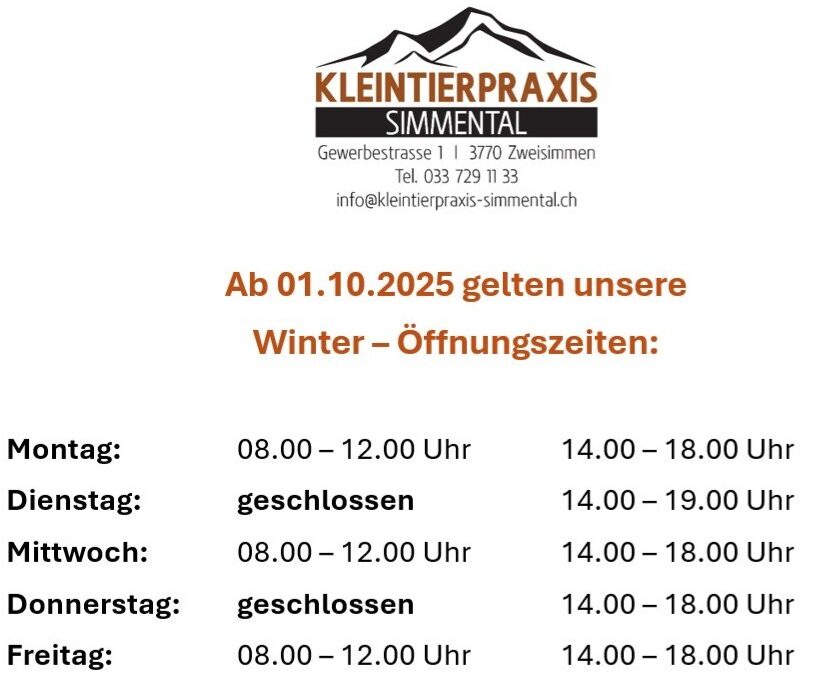 Winteröffnungszeiten ab 01.10.2025